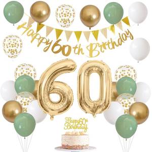 lot 29678 image: 60th Birthday Decorations for Men Women, Sage Green White Gold Balloons With Happy 60th Banner, Cake Topper, Number 60 Foil Balloon for 60 Year Old Party Decoration