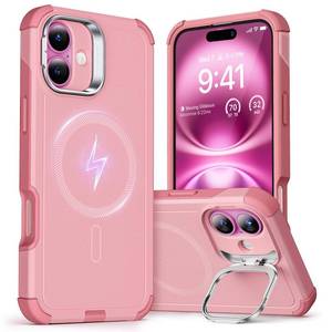 lot 29687 image: ESR for iPhone 16 Case with Stand, 23 ft Military-Grade Drop Protection, Heavy Duty Magnetic Phone Case, Compatible with MagSafe Accessories, Cyber Series, Pink