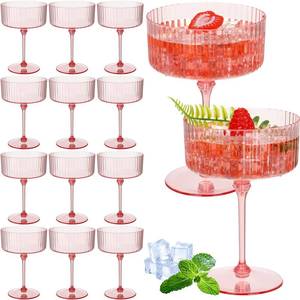 lot 39714 image: Jingmore  6 Pcs Ribbed Martini Glasses 10 oz Disposable Plastic Vintage Ribbed Coupe Glasses Unbreakable Dessert Parfait Glassware for Wedding Birthday Party Supplies (Pink)