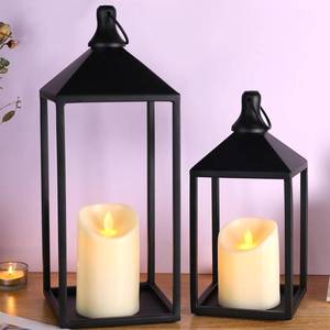 lot 48419 image: MATAHUM 2pcs Farmhouse Lantern Decor with LED Flickering Flameless Candles - Black Metal Lanterns Decorative for Home Decor, Fireplace Mantle or Table Centerpiece, Halloween Christmas Lantern Decor
