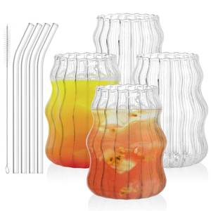 lot 48422 image: Tebery 4 Pack Ribbed Aesthetic Glass Cups with Glass Straw, 16Oz Vintage Drinking Glassware Ripple Cocktail Glasses for Iced Coffee Juice Beverage Milk RibbedGlassCups-4pc
