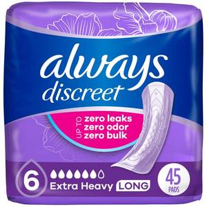 lot 48431 image: Always Discreet Adult Incontinence Pads for Women, Extra Heavy Absorbency, Long Length, Postpartum Pads, 45 Count