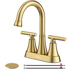 lot 48446 image: Brushed Gold Bathroom Sink Faucet with Pop-up Drain and 2 Supply Hoses, Stainless Steel Lead-Free 2-Handle Centerset Faucet for Bathroom Sink Vanity RV 4 inch brushhead