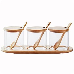 lot 48449 image: HONGCHU Condiment Containers with lids 3 pack Seasoning Box Condiment Pots Jars with Spoons Container for Spice Salt Sugar Cruet (bamboo 1set)