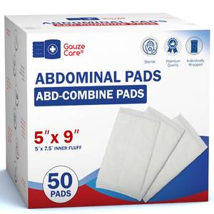 lot 48455 image: GauzeCare Sterile Abdominal- ABD Combine Pads 50-Pack, 5 x 9 Inches Extra Absorbent & Thick, Individually Wrapped Wound Dressing, First Aid Pads Surgical-Grade, Nonstick- for Heavy Leakage, Post Op