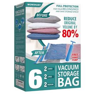lot 48456 image: Vacuum Storage Bags with Hand Pump, 80% Space Saver Vacuum Seal Storage Bags for Clothing, Travel Lugggage, Blankets, Comforters 6 pack