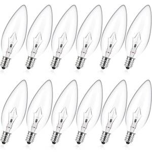 lot 48458 image: MEQIQTEK E12 60 Watt Incandescent Candle Light Bulbs, Chandelier Light Bulbs for Ceiling Fan, Vanity, Outdoor - Warm White 2500K, 500 Lumen Dimmable B10 Clear Candelabra Base Bulbs (12 Pack)
