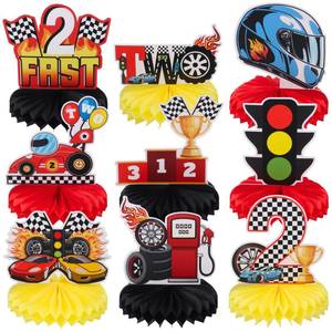 lot 51496 image: 9pcs Race Car 2nd Birthday Honeycomb Centerpieces Lets Go Racing Two Fast Birthday Party Table Decoration Race Car Tabletop Centerpieces for 2 Years Old Birthday Car Table Topper Sign Decors