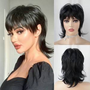 lot 51506 image: StrRid Short Black Shaggy Layered 80s Mullet Pixie Wig with Bangs Wolf Cut Curly Synthetic Natural Funny Adult Fake Fun Hair Replacement Wigs for White Women Daily Party Cosplay Costume Halloween Use