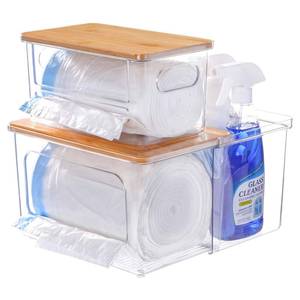 lot 55809 image: iCASA Trash Bag Dispenser Holder - 3 in 1 Acrylic Plastic Garbage Bag Pantry Organizer, Clear Large Laundry Pods Container with Lid, Stackable Under Sink Kitchen Laundry Room Organization and Storage