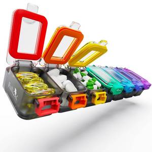 lot 55821 image: Fullicon Weekly Pill Organizer 7 Day Ultra Moisture and Spill Proof Daily Pill Box, Large Medicine Case with Secure Buckle, Compact Travel Pill Container for Pill, Vitamin, & Fish Oil (Rainbow Black)