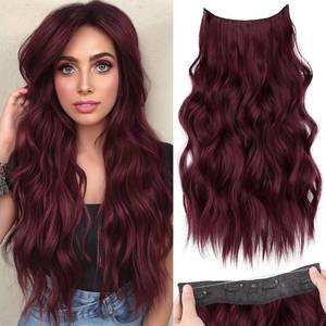 lot 55822 image: KooKaStyle Invisible Wire Hair Extensions with Transparent Wire Adjustable Size 4 Secure Clips Long Wavy Secret Hairpiece (20 Inch, Burgundy)