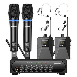 lot 63947 image: Riworal 4 Channel UHF Wireless Mic Set with HandheldBodypackHeadsetLapel Mics with Bluetooth Receiver Box  Volume Control Echo for Karaoke PA DJ Party (Wireless Microphone System)