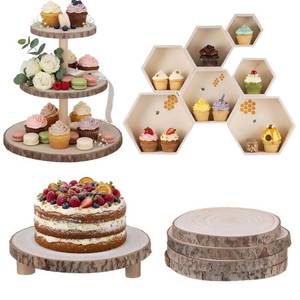 lot 63952 image: CroBlissful 12 Pcs Wooden Rustic Cake Stand Set, 7 Pcs Honeycomb Cupcake Stand, 3-Tier and Single-Tier Wooden Cupcake Tower, 4 Wood Slices Tray, Suitable for Wedding Tea Party Forest Theme Tables