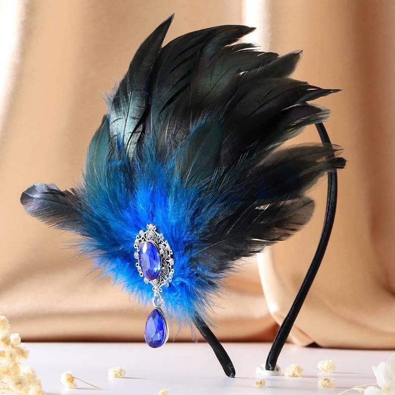 lot 27013 image: GENBREE 1920s Flapper Feather Headband - Black & Blue Feather Headpiece - Womens Cocktail Party Hair Accessory