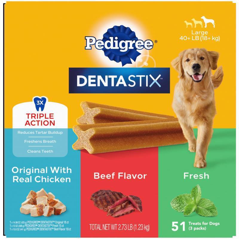 lot 36070 image: Pedigree Dentastix Large Breed Dog Treats, Original, Beef & Fresh Flavor, 2.73 lb. Variety Pack (51 Treats)