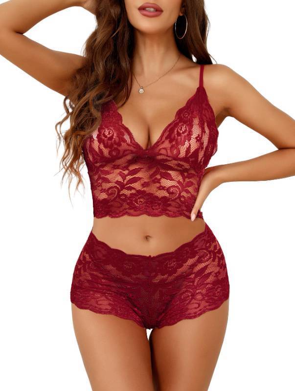 lot 53202 image: Lilosy Sexy Women Floral Lace Pajamas Lingerie Set High Waist Sheer Sleepwear See Through Nightwear Cami Shorts Bra and Panty 2 Piece Burgundy Red X-Large