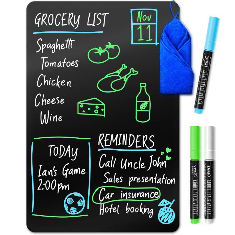 lot 53253 image: Magnetic Black Dry Erase Board for Fridge (12 x 8 inch), Stain-Resistant w 3 Magnetic, Fine-Tip Neon Chalk Markers & Eraser by Yes4Quality
