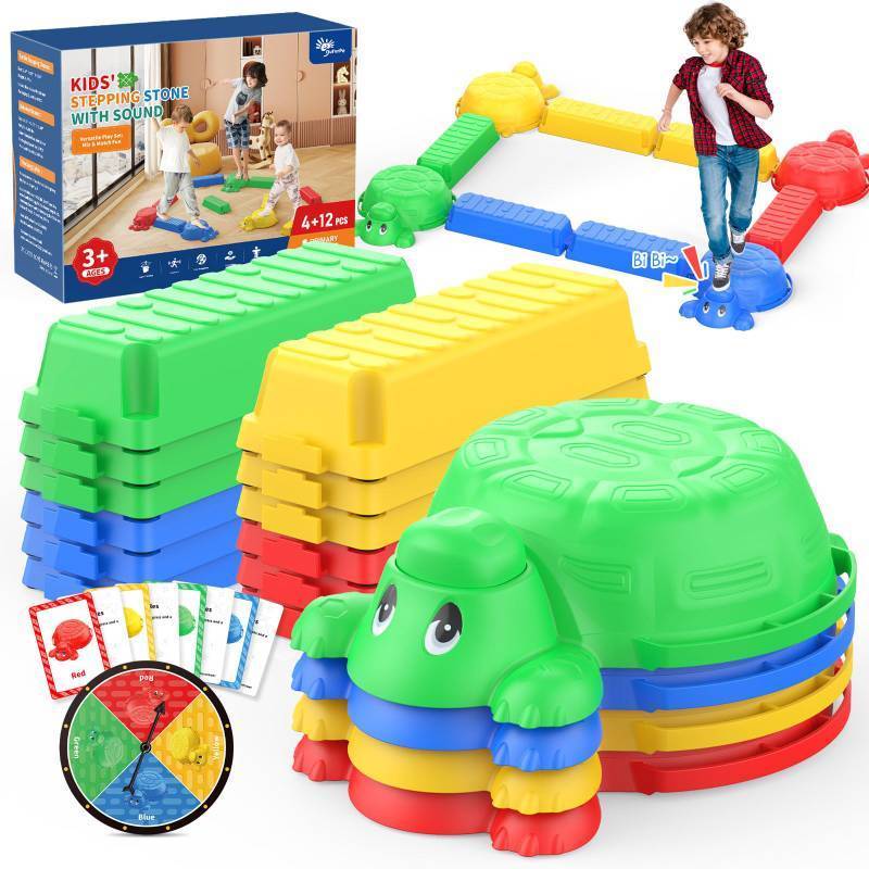 lot 56224 image: 16 Pcs Balance Beam and Stepping Stones for Kids - 4 Turtle Shape Stepping Stones and 12 Connectable Beams with Sound Feature,Color Spinner, Riddle Cards, Fun Balance Training and Obstacle Course