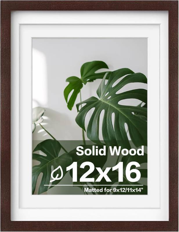 lot 56232 image: Egofine 12x16 Picture Frames with Plexiglass, Display Pictures 9x1211x14 with Mat or 12x16 Without Mat for Wall Mounting, Walnut Color