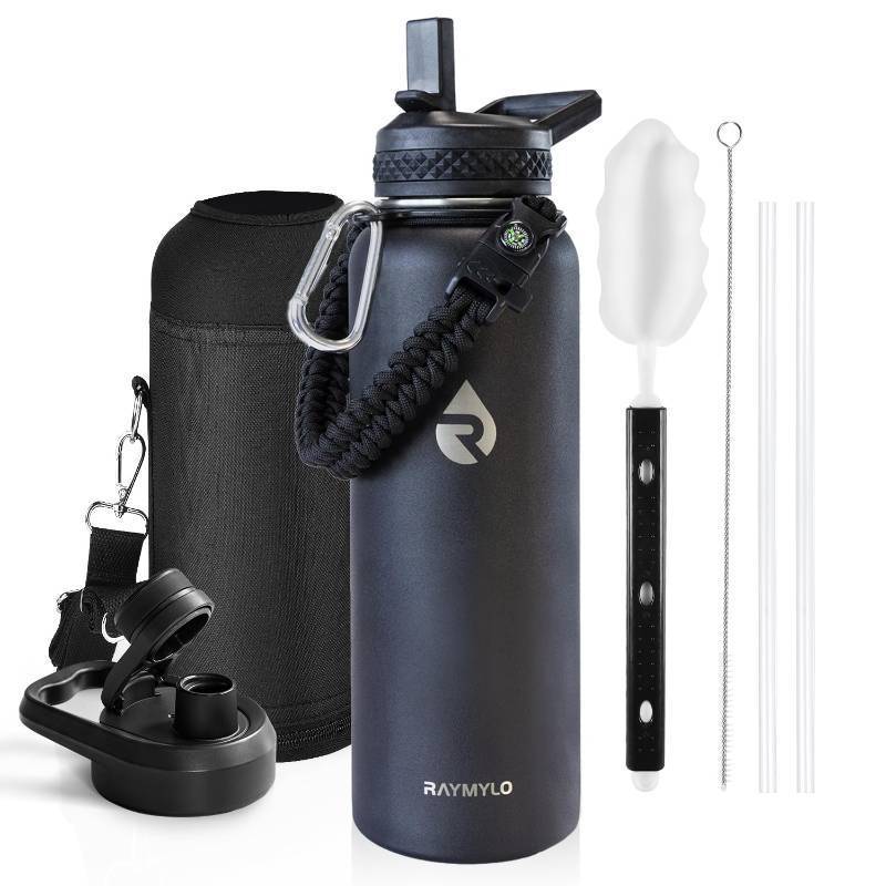 lot 24699 image: RAYMYLO Insulated Water Bottle 40 oz, Triple Wall Vacuum Stainless Steel (Cold for 48 Hrs), Leak Proof & Non-BPA, Modern Water Flask Jug with Paracord Handle & Straw Spout Lids, Magic Black