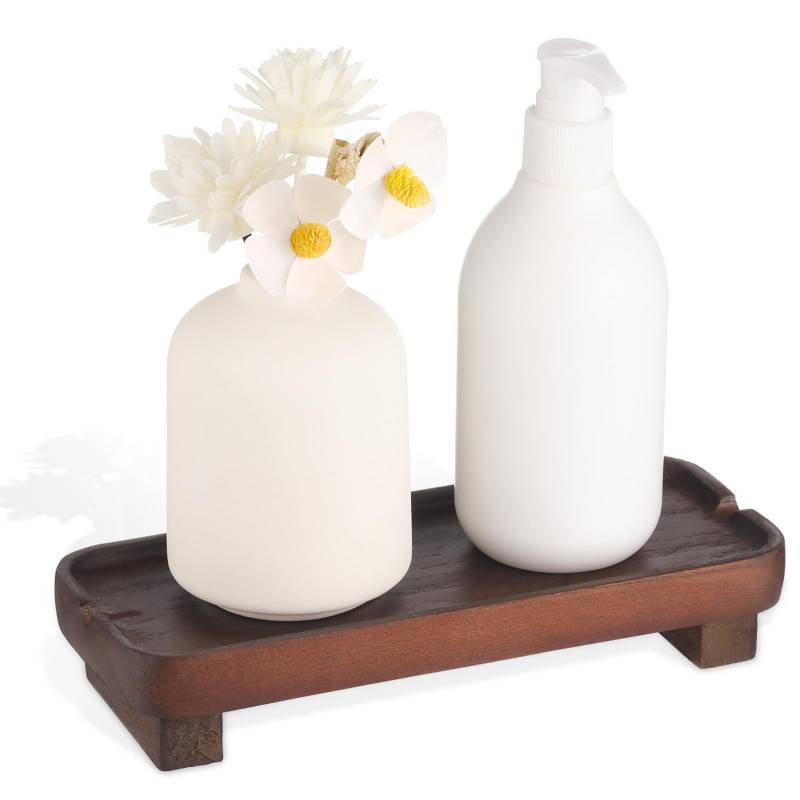 lot 24865 image: Wood Riser Small Decorative Tray Sink Soap Dish, Vanity Tray Pedestal Stand 8.7 x 3.6 inches (Dark Brown)
