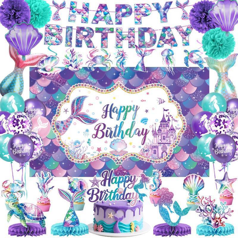 lot 27192 image: Mermaid Birthday Decorations Includes Banner, Backdrop, Foil & Latex Balloons, Paper Pompoms, Hanging Swirls, Cake & Cupcake Toppers, Honeycomb Centerpieces for Kids Girls Mermaid Party Decorations