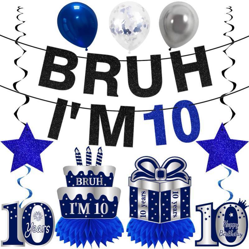 lot 46478 image: Kuxriox 11Pcs 10th Birthday Decorations for Boys Men, Blue Sliver Happy 10th Birthday Banner, Bruh Im 10 Balloons Centerpieces Swirls Party Supplies, 10 Years Bday Banner Ceiling Table Topper Sign