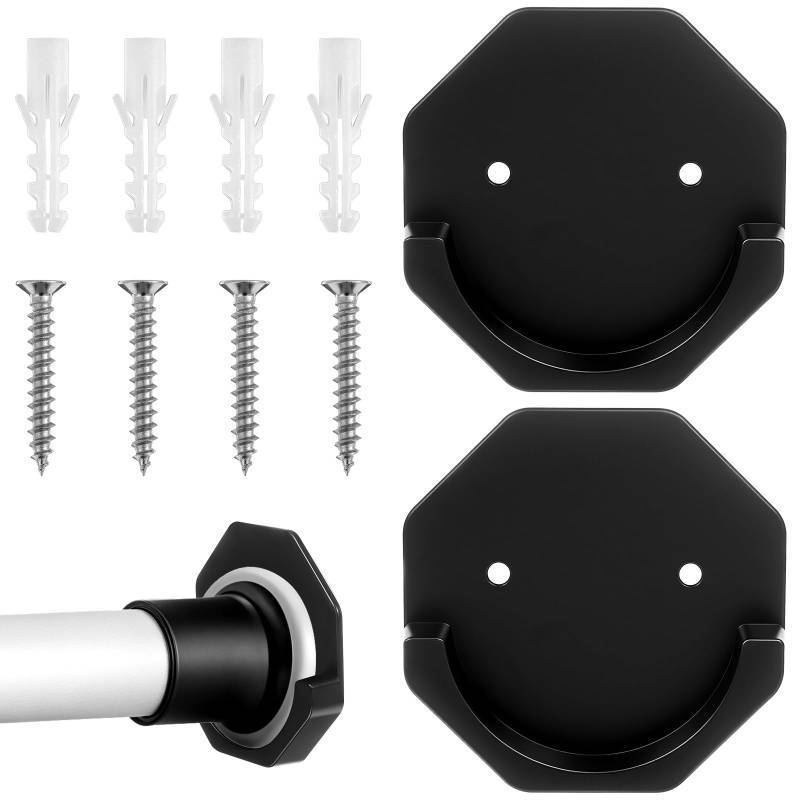 lot 27379 image: 1 Pair Shower Rod Holders for Wall, No Drill Adhesive Shower Curtain Rod Holder Strong Hold Hexagon No Drilling or Screw Mount, Black Showers Curtain Holder for Bathroom Curtains Rods Retainers