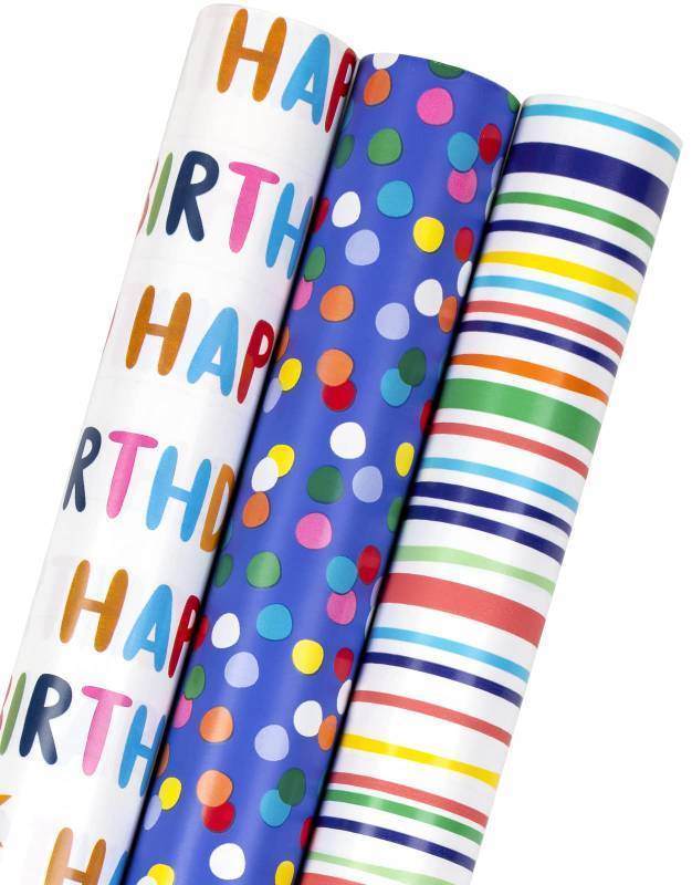 lot 27398 image: MAYPLUSS Birthday Wrapping Paper Roll - Mini Roll - 17 inch X 120 inch Per roll - Polka dots, Stripes Patterns (42.3 sq.ft.ttl)