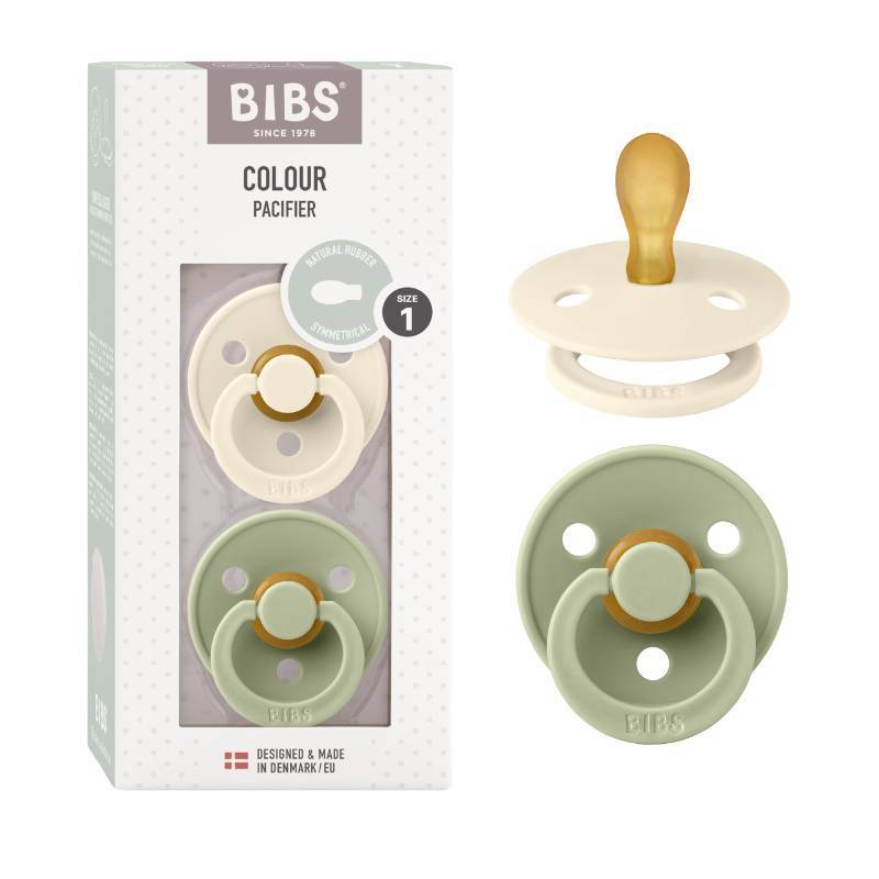 lot 37010 image: BIBS Pacifiers 0-6 Months  Set of 2 Colour Pacifier with Symmetrical Nipples  BPA-Free Natural Rubber  Made in Denmark  IvorySage, 0-6 Months