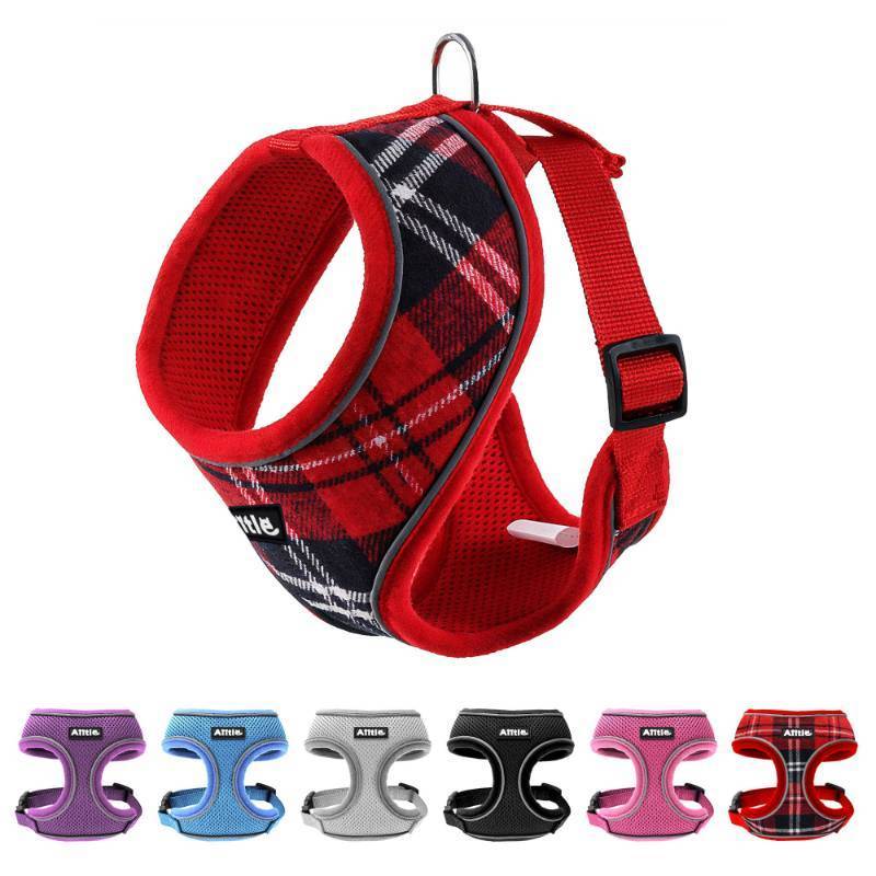 lot 37020 image: AIITLE Small Dog Harness, Triple-Layer Breathable Plaid Mesh, Adjustable Fit & Reflective Design, Choke-Free Over-The-Head Vest for IndoorOutdoor Use, Perfect for Maltese, Chihuahua (S, Red)