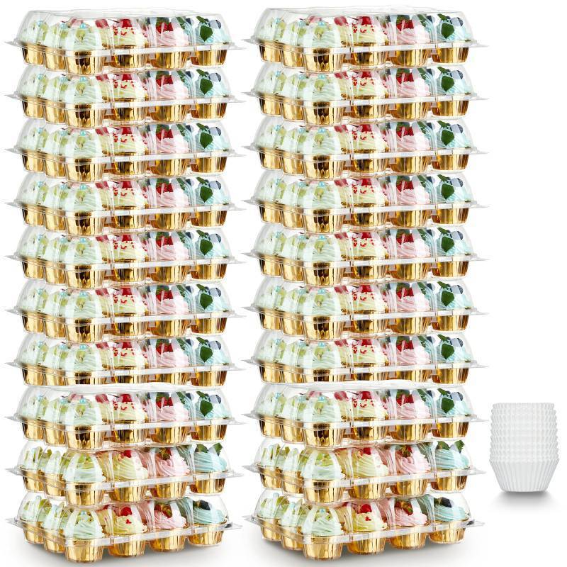lot 57103 image: Gencywe (12 Pack x 20 Sets) Stackable Cupcake Carrier with 240 Pack Liners, Plastic Cupcake Boxes Holders for 12 Cupcakes, High Tall Dome Lid Cupcake Containers, Clear Disposable Cupcake Trays
