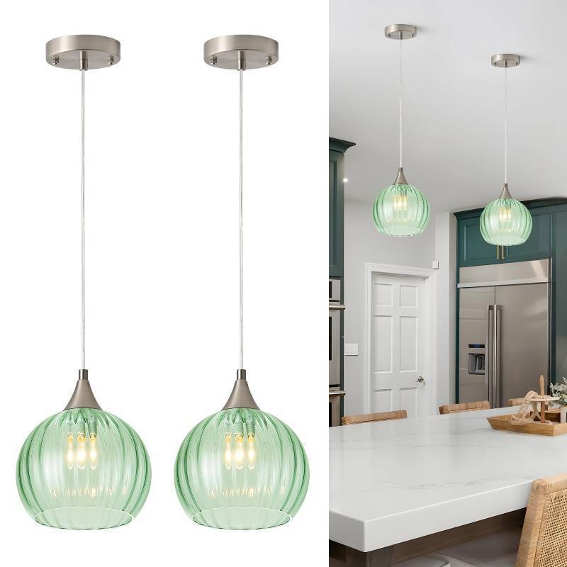 lot 25092 image: Brushed Nickel Pendant Lights Kitchen Island, Globe Pendant Light Fixtures with 8 Inch Clear Glass Shade, Modern Hanging Light Fixtures for Kitchen, Bedroom (2 Pack - Green Glass Pendant Light)