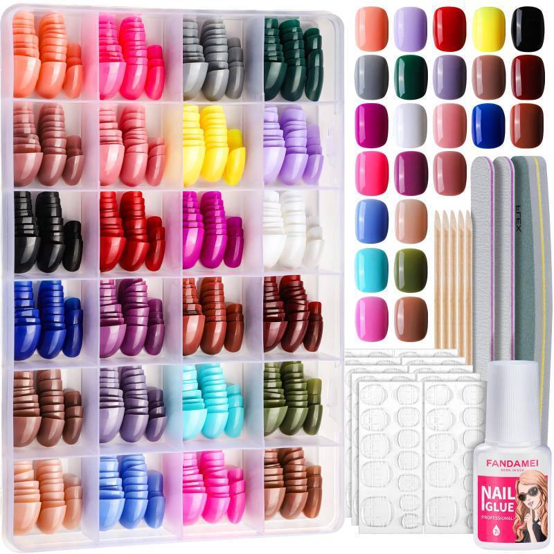 lot 27504 image: FANDAMEI Press on Nails Short, 24 Packs 576PCS Short Round Press on Nails, 24 Glossy Color Small Fake Glue on Nails with 7g Nail Glue, 24 Color False Nail for Small Nails and hands