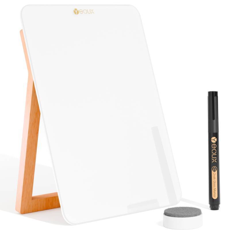 lot 46716 image: Desktop Glass Whiteboard with Reversible Wood Stand, Small White Board, Mini Dry Erase Whiteboard Easel for Desk, Reusable Desk Notepad 9.5x6.7 for Home, Office, Accessories Included, Yeoux