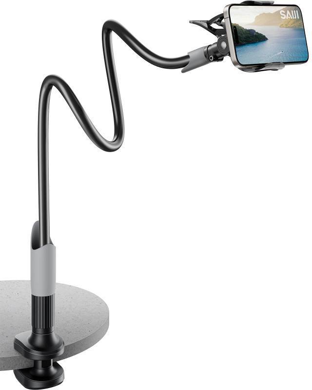 lot 53354 image: SAIJI Gooseneck Bed Phone Holder, Flexible Long Arm Phone Mount for Desk, Clip Bracket Clamp Stand, iPhone Stand, Mobile Cell Phone Stand Document Camera Nintendo Switch (Black)