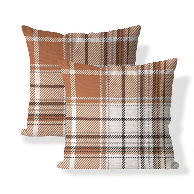 lot 53424 image: Set of 2 Fall Pillow Covers Autumn Decorative Throw Pillow Cases 18x18 Inch Orange Grey Plaids Cushion Covers Faux Linen,Farmhouse,Thanksgiving,Home Decor