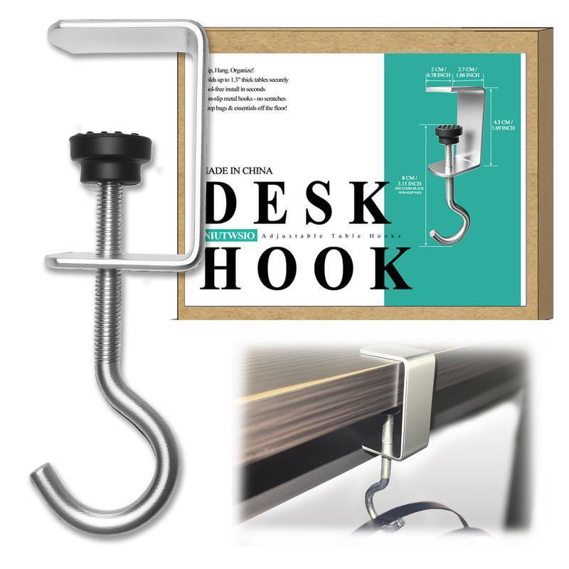 lot 25222 image: 6 Packs Adjustable Table Hooks, Desk & Clamp Hooks for Hanging, Hooks for Desk Organizing - Heavy Duty Desk Hanger Hook Metal Clamp Hook Hangers for Hanging Bags, Backpack, Headphone Storage (6)