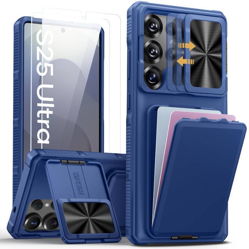 lot 52752 image: SSLOTSCASE for Samsung Galaxy S25 Ultra Case with 2X Screen Protector, Stand & Credit Card Holder & Sliding Camera Cover, Full-Body Drop Proof Silicone Edge Protective Cover for S25 Ultra, Blue