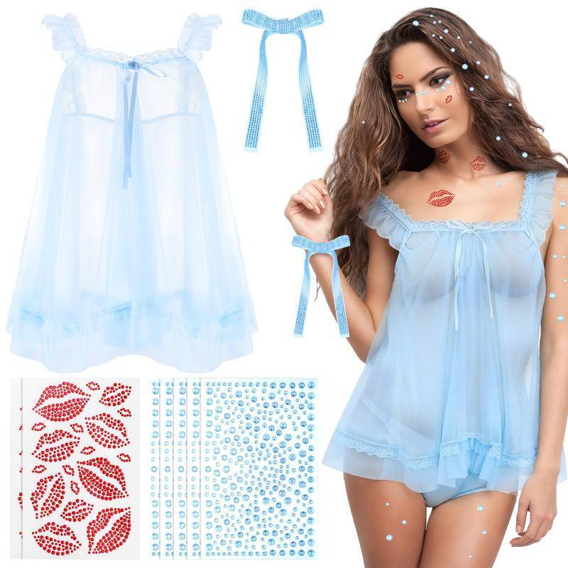 lot 25287 image: Yearntown Valentines Lace Mesh Sheer Babydoll Lingerie Dress Set - Singer Costumes with Self-adhesive Red Lip Gems Sticker(Blue,Large)