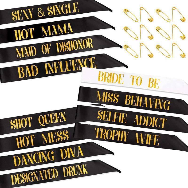 lot 54369 image: Bachelorette Sashes for Bridal Party (12 pack) - 11 Black Team Bride Sashes with 1 White Bride to Be Sash - Retail $10