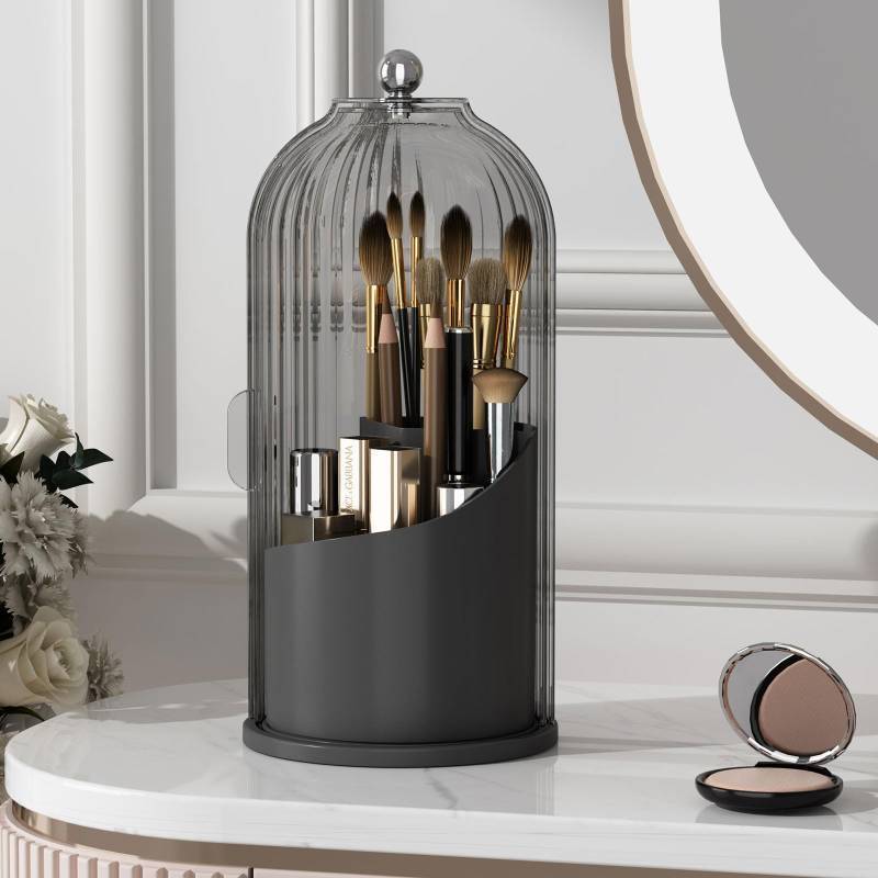 lot 54400 image: Makeup Brush Holder with Lid 360 Rotating Clear Dustproof Make Up Organizers for Vanity Bathroom Countertop, Black - Retail $24