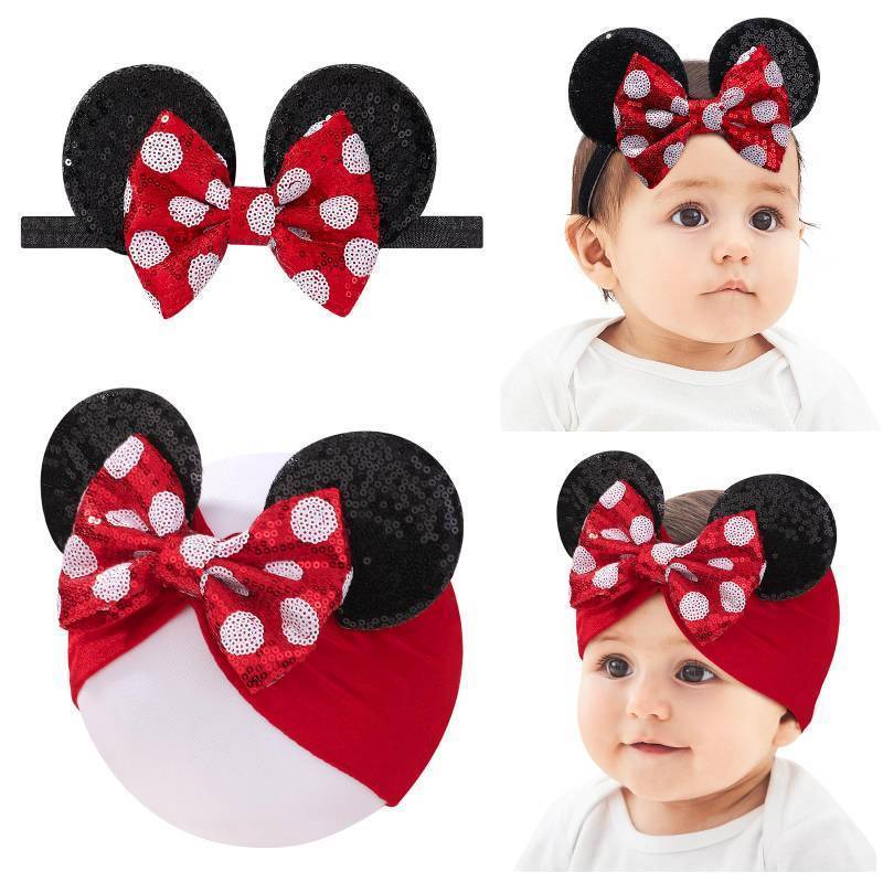 lot 54422 image: Baby Girl Headbands Mouse Ears Headwrap with Sequin Polka Dot Bow Soft Stretchy Nylon Hair Bands for Newborn Infant Baby Toddler Girls- Pack of 2 - Retail $9
