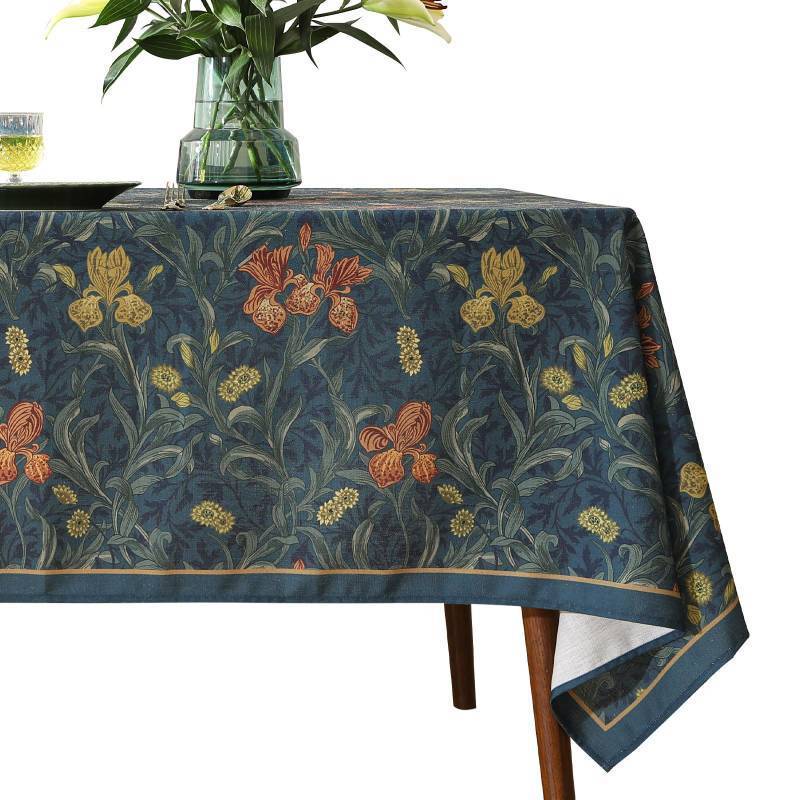 lot 54470 image: Designer Vintage Dark Blue Linen Rectangle Tablecloth, French Rustic Floral Pattern Tablecloths, Decorative Table Cover Cloth for Kitchen, Dining, Tea Party,Home,Christmas,67118 - Retail $85