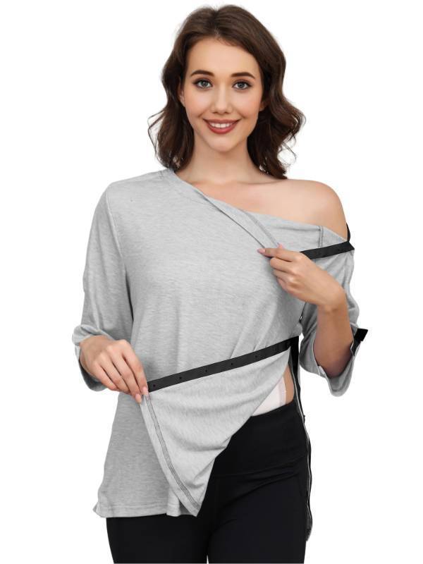 lot 61535 image: Post Surgery Shirts for Women 34 Sleeve Tear Away Snap Front Light Grey X-Large Tops After Rotator Cuff Recovery Chemo Port Access Shirts Adaptive Clothing - Retail $20