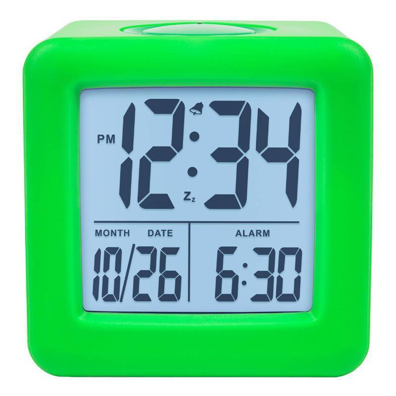 lot 61541 image: Equity 73003 Green Soft Cube LCD Alarm Clock with Smart Light - Retail $16