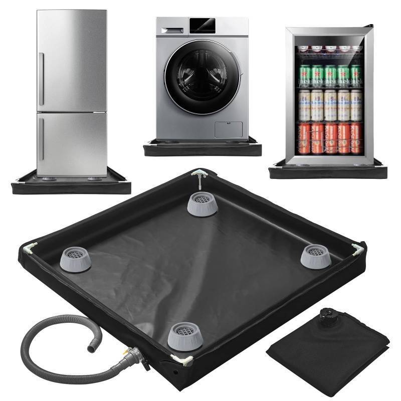 lot 61546 image: Washing Machine Pan 31.9 X 31.9 X 2.7 Inch Washing Machine Drain Pan with 4 PCS Anti-Vibration Foot Pads and Drain Hole Hose for Washer Dryer Floor Protection - Retail $23