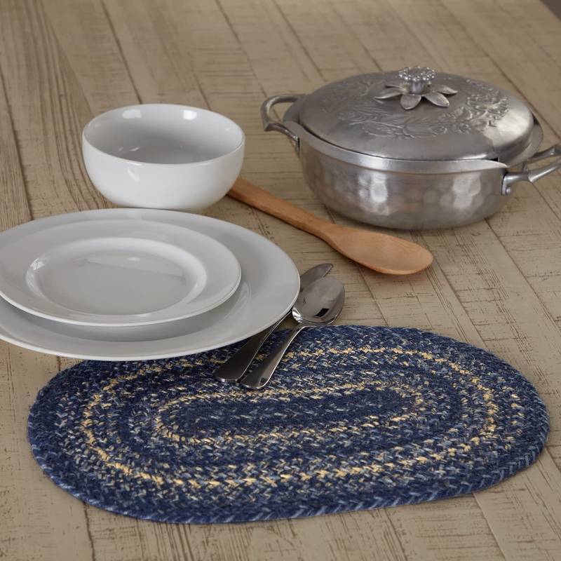 lot 61577 image: VHC Brands Farmhouse Great Falls Blue Table Placemat, Blue White, Jute Blend, Oval, 10x15 Inches - Retail $12