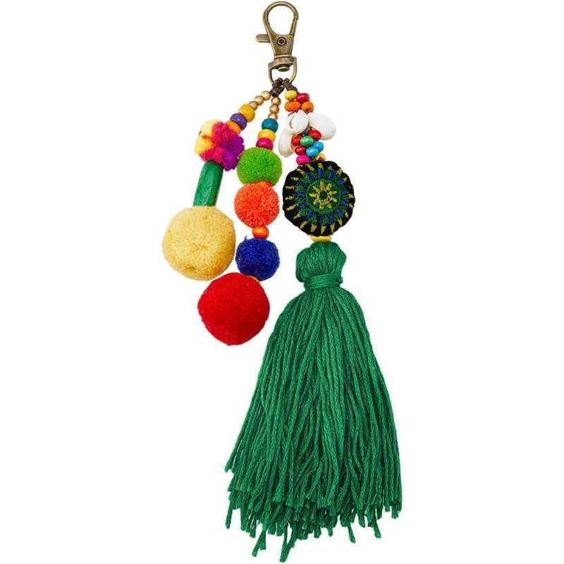 lot 61585 image: Bohemian Ethnic Style Bag Pedant with Alloy Swivel Clasp Tassel Purse Charm Colorful Pompom Ball Keychain Bead Hanging Ornament Car Rear mirror Decoration for woman man Gift - Retail $9